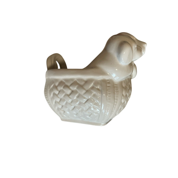 White Ceramic Basket w/ Puppies Dog Planter Succulents Candy Bowl Sponge Holder - Picture 4 of 9